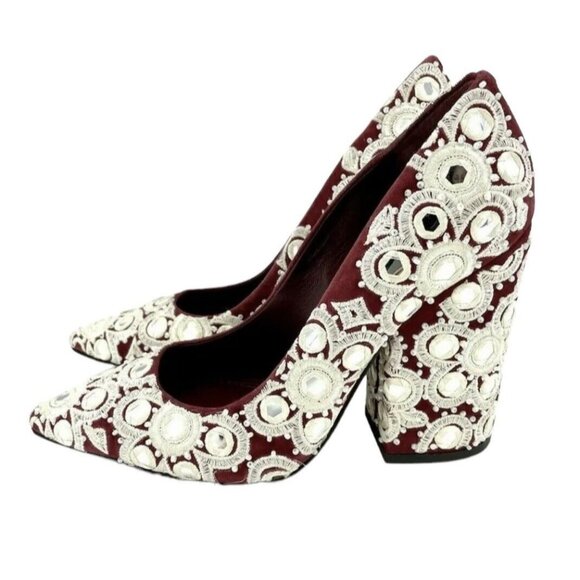 Tory Burch Shoes Francesca Embroidered Pump Burgundy Heels Sz 6.5 New $695